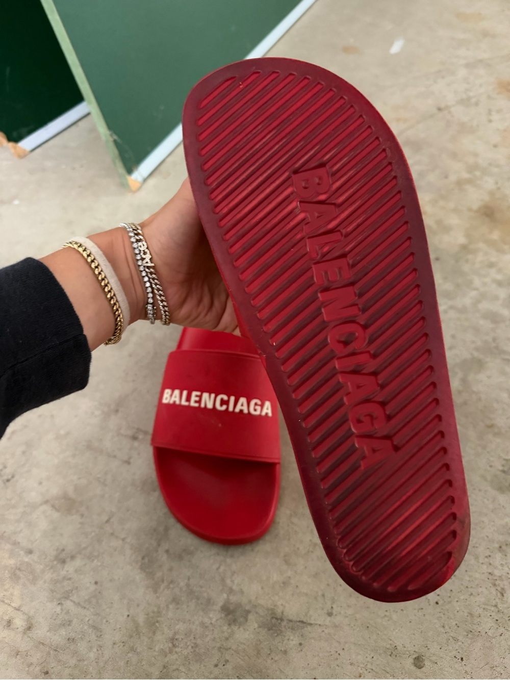 POOL MEN Balenciaga Red Slide Sandals with White Logo - Picture 3 of 4